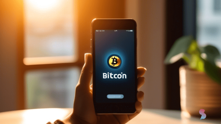 Person holding smartphone with Bitcoin logo on screen, showcasing how to earn Bitcoin cashback on purchases in front of sunlit window